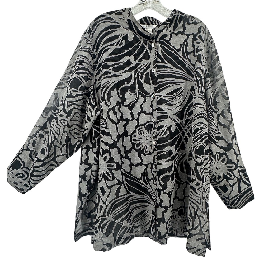 VTG‎ Stonebridge Signature Grey Black Abstract Floral Burnout Sheer Blouse 2X